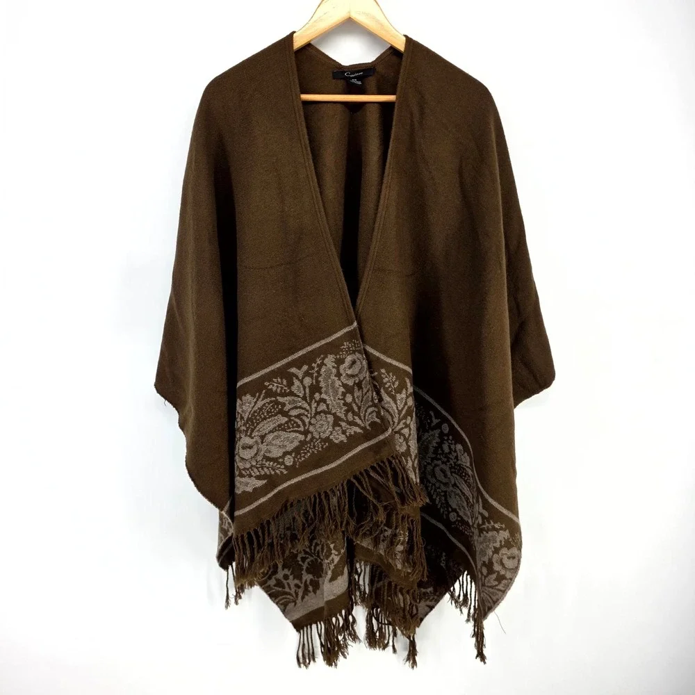 Cejon Poncho Wrap Wom OS Brown Floral Jacquard Fringe Shawl Cape Boho Open Front